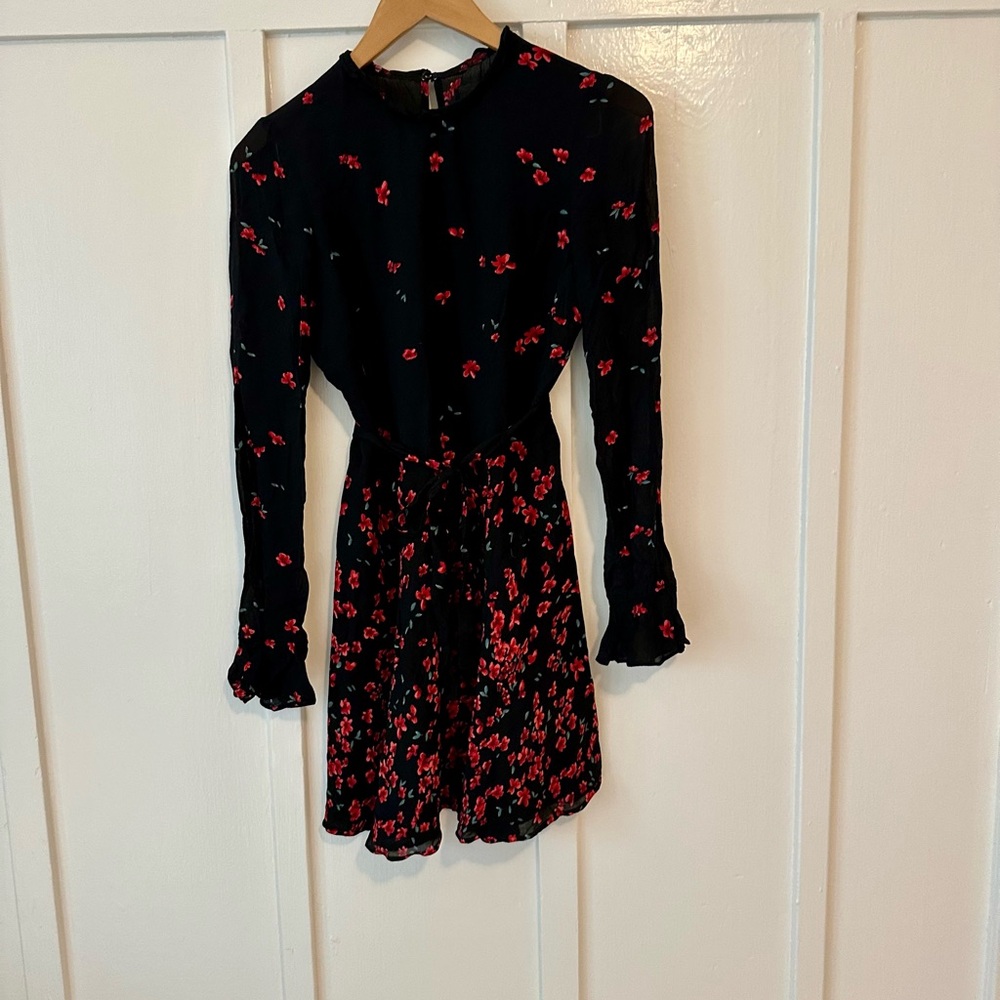 Reformation Red & Black Floral Long Sleeve Dress